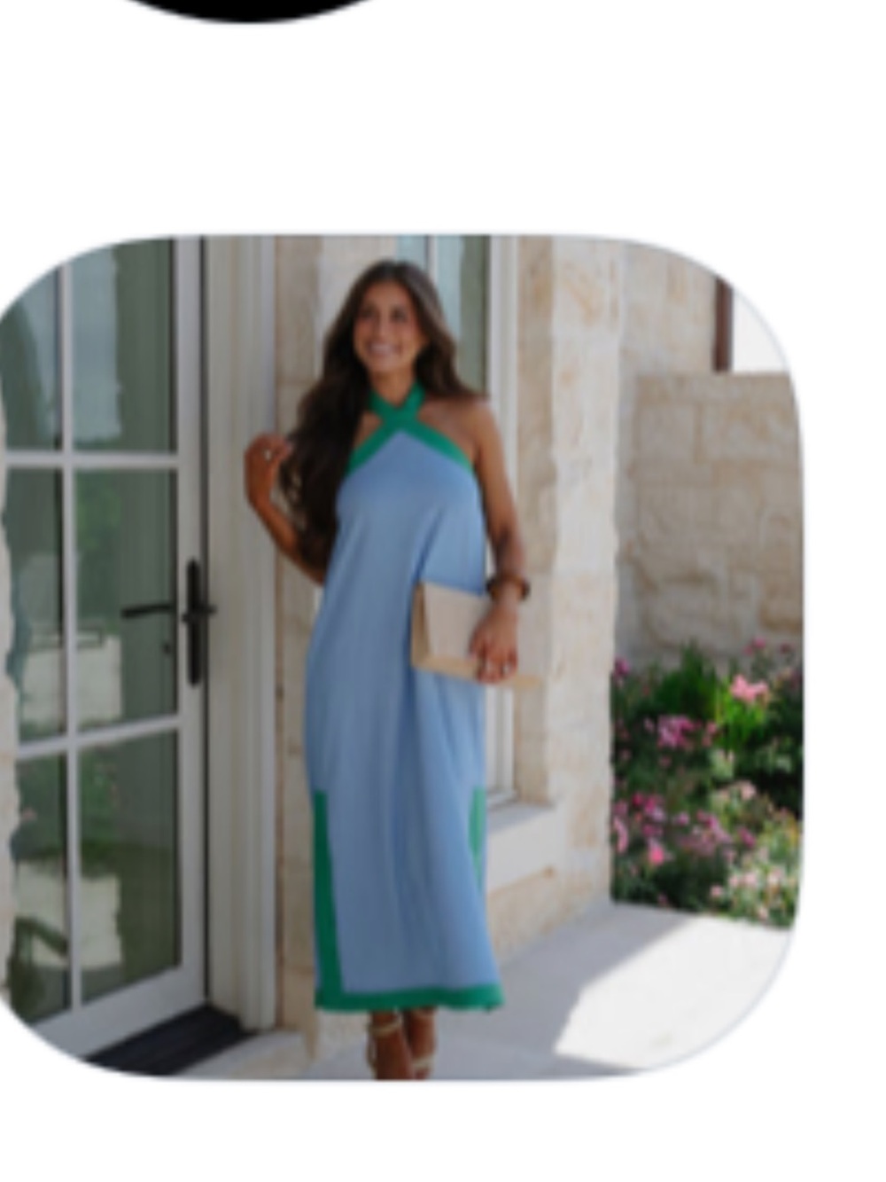 Light Blue Maxi Dress with Green Trim Halter Neck